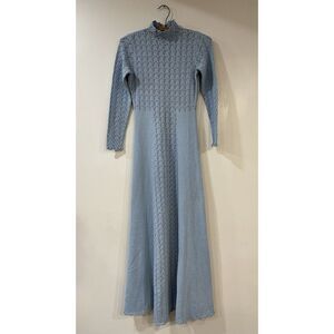 Vintage Miss Joann California 70's Knit Crochet Baby Blue Dress Boho Hippie